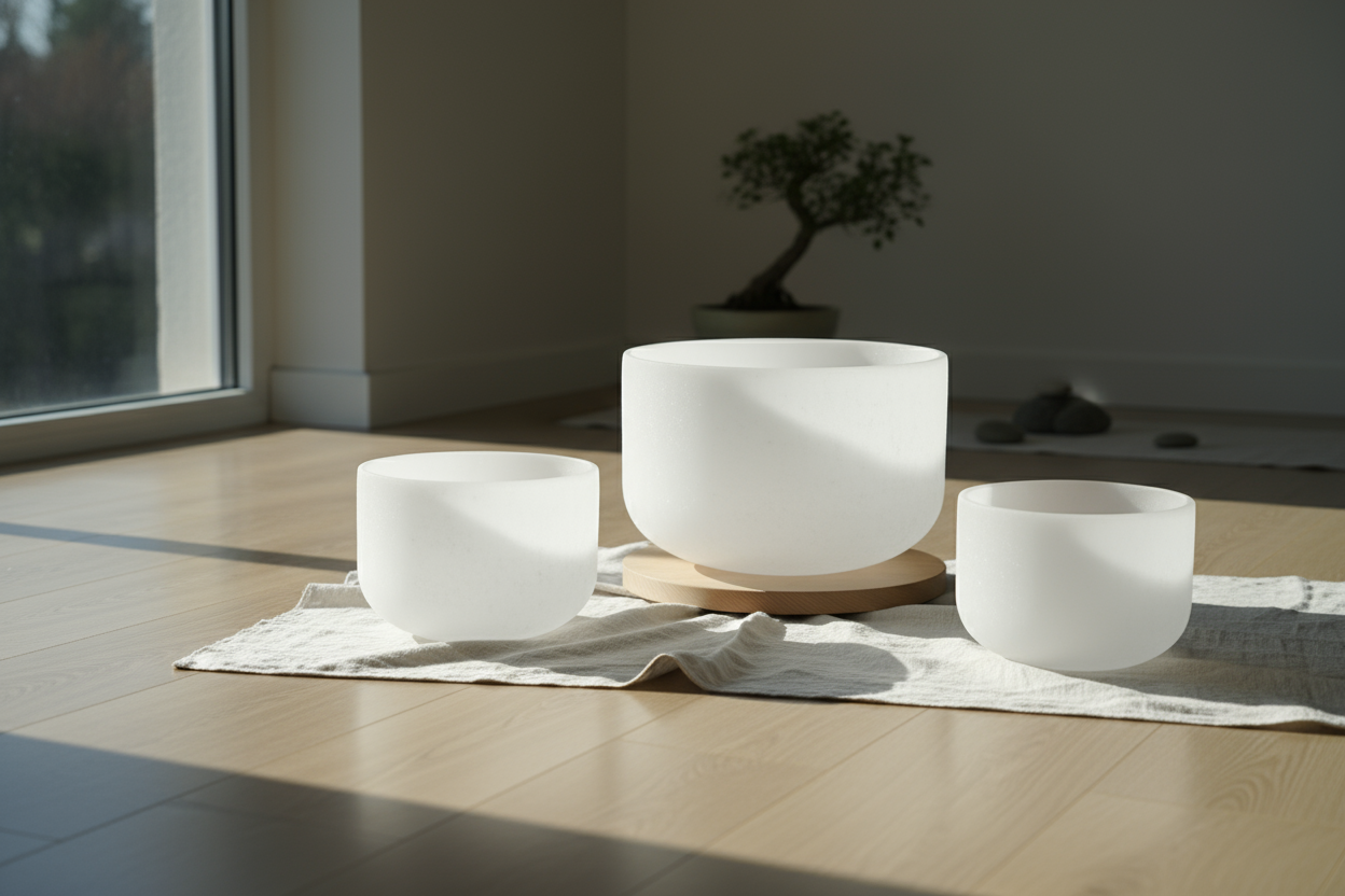 3 witte kristallen klankschalen van 25-35-30 cm in een fijne, rustige setting