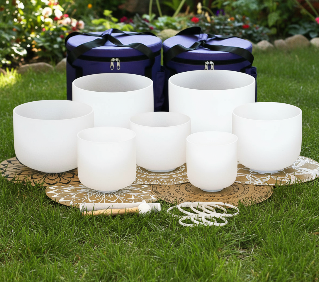 7 chakra witte kristallen schalen in twee tassen