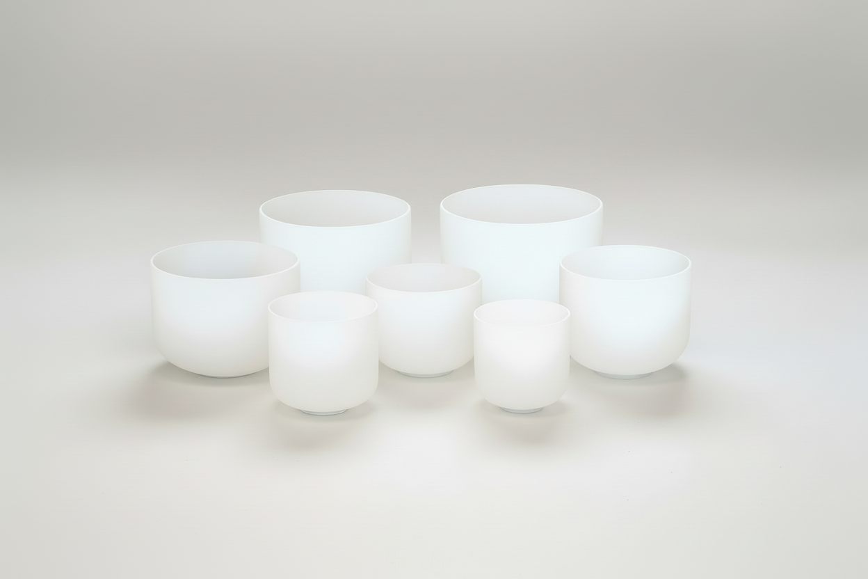 7 Chakra Witte Kristallen Klankschalen (432 Hz) – Compleet met 2 Tassen - Beschadigd Prijscompensatie