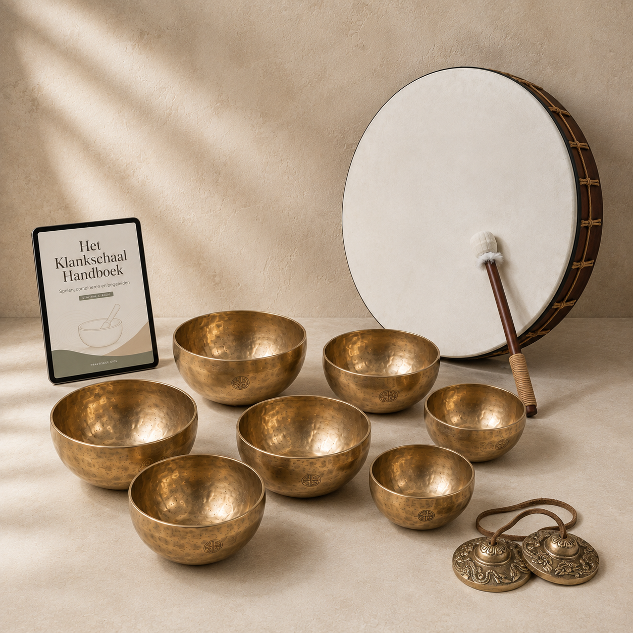Grondende Soundhealing Set – 7 Tibetaanse Klankschalen & Sjamanendrum